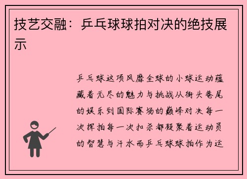 技艺交融：乒乓球球拍对决的绝技展示