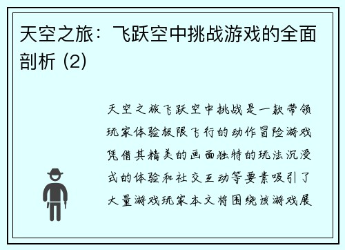 天空之旅：飞跃空中挑战游戏的全面剖析 (2)